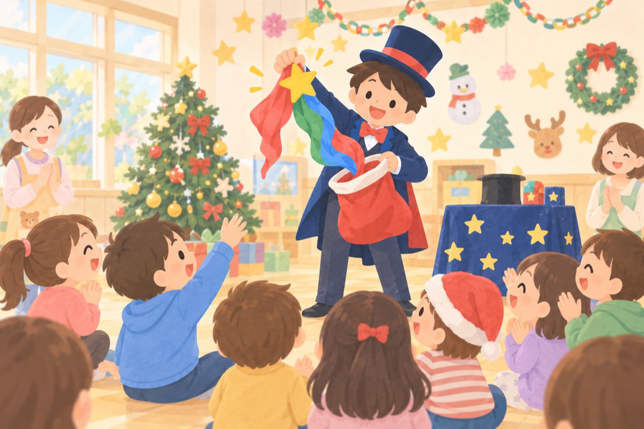 クリスマス会・季節の行事でマジックを楽しむ子どもたちのイラスト
