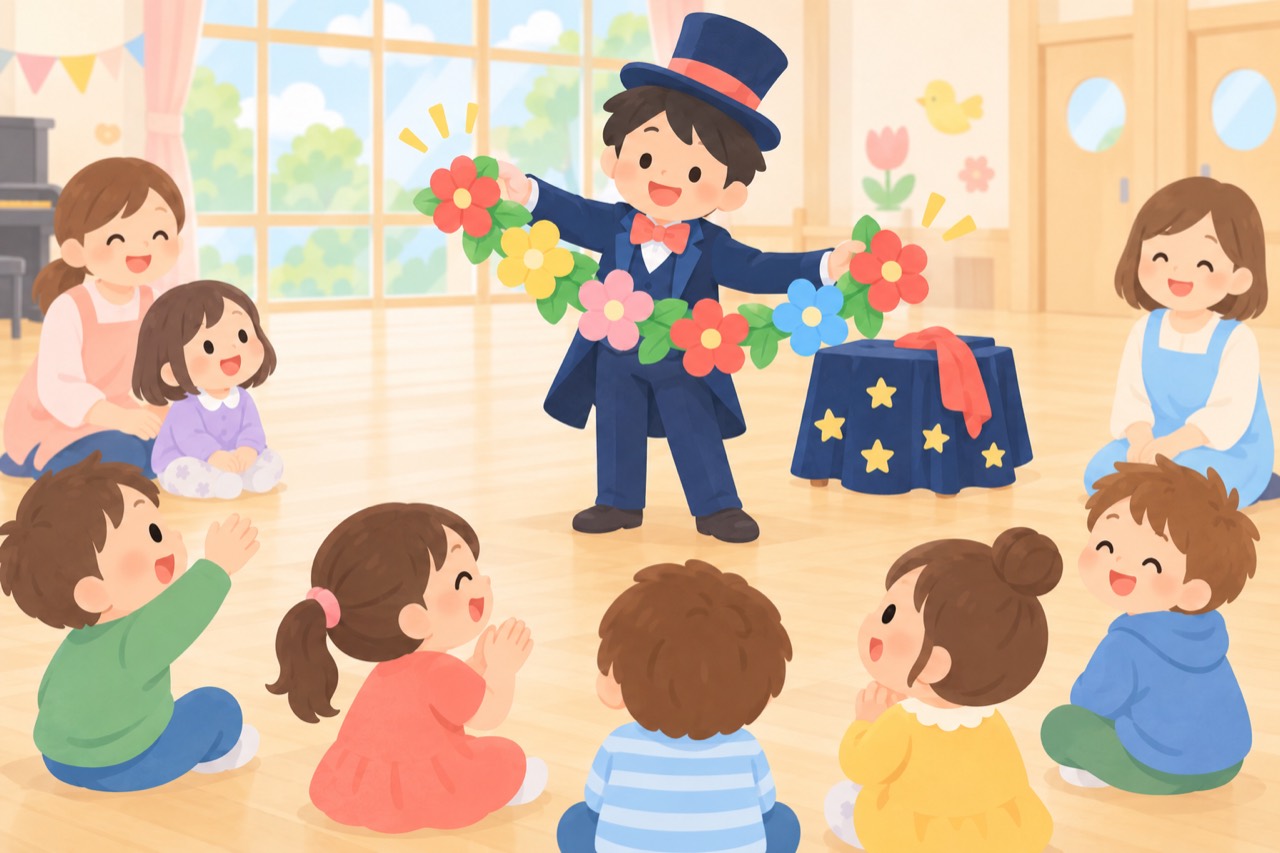 幼稚園・保育園でマジックを楽しむ子どもたちのイラスト