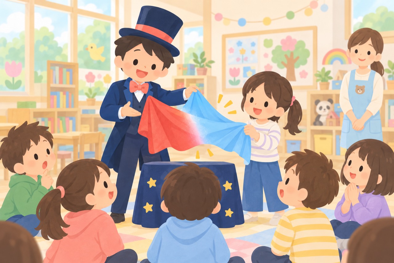 小学校・学童・児童館でマジックを楽しむ子どもたちのイラスト