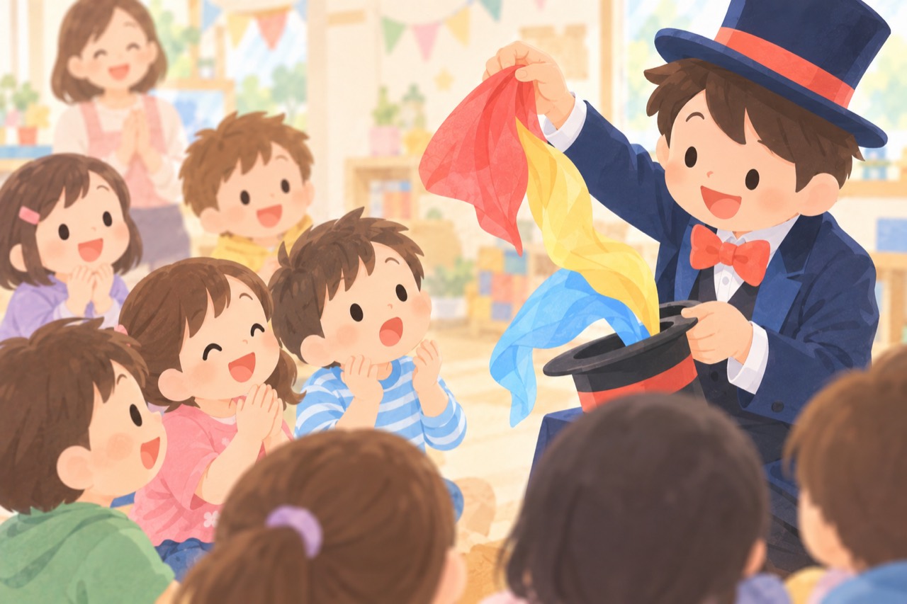 目の前で起こる、ふしぎ。を表現したマジックショーのイラスト